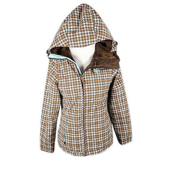 Burton Womens Size XS Brown Ski Snow Jacket Tan Houndstooth Hooded Insulated - Picture 8 of 13